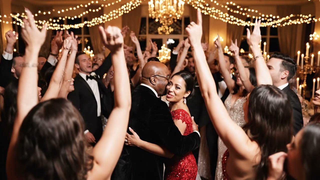 Guests in black tie dancing with their hands in the air