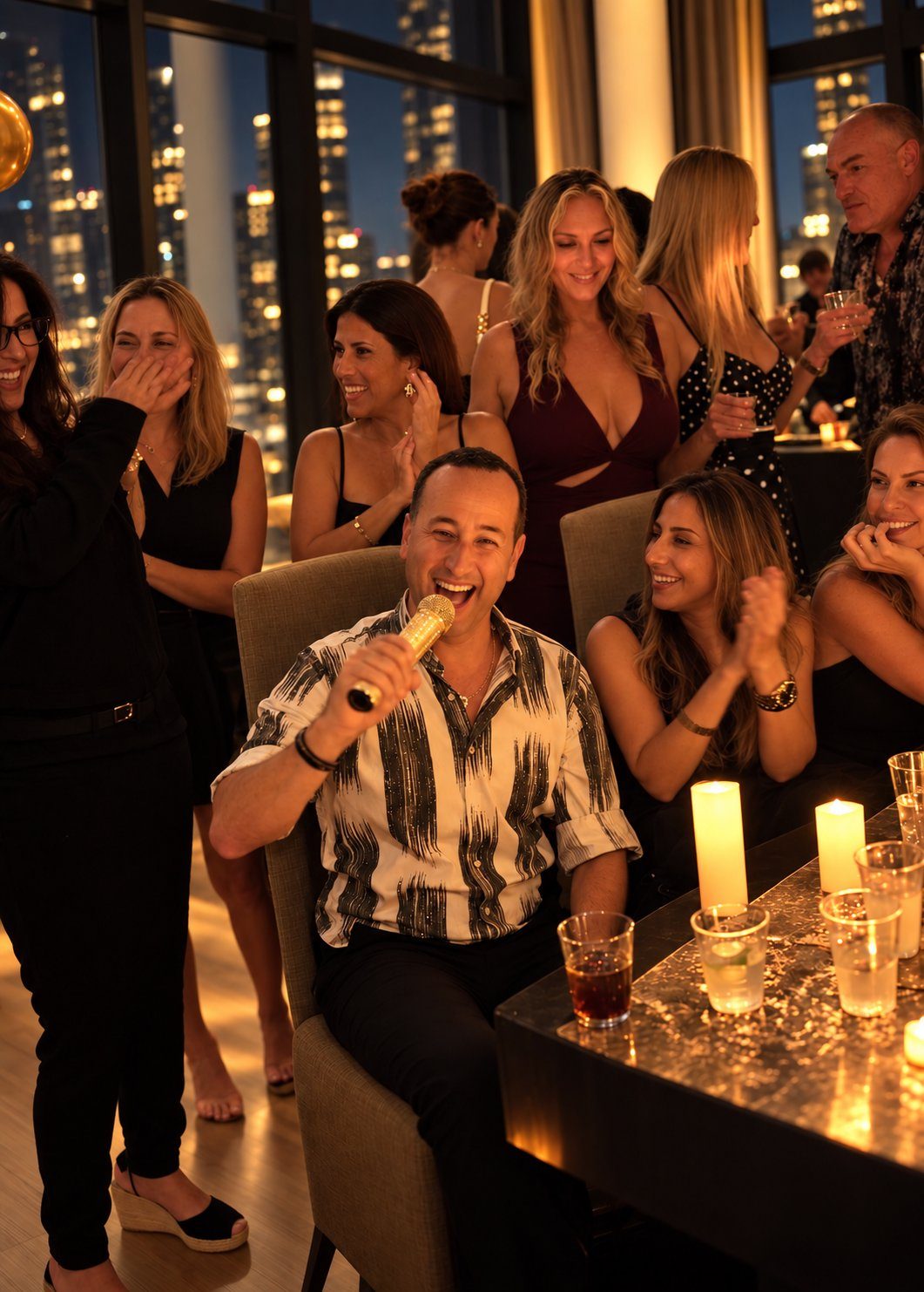 Guests laughing at a private celebration while a guest sings