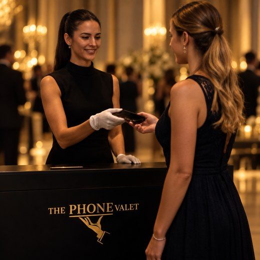 A guest checking in her phone with a gloved attendant