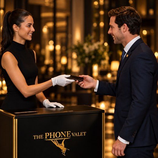 An attendant returning a phone to a guest